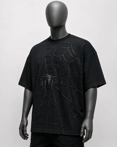 black Drop Shoulder T-shirt with spider web engraved
